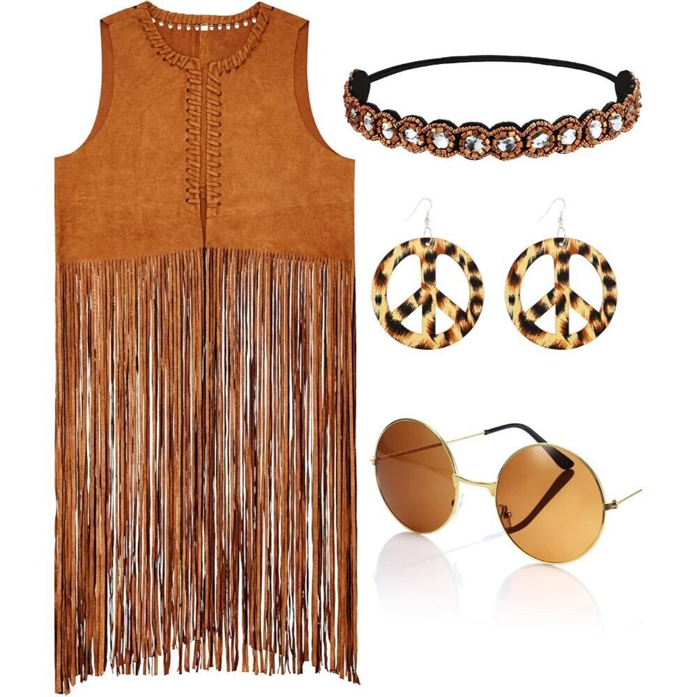 Hippie Costume Set Fre...Se Vest Earrings Sunglasses Boho Accessories